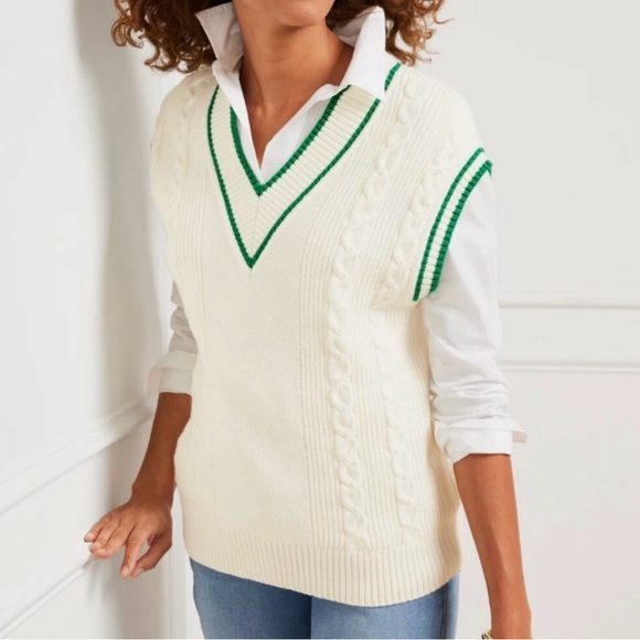 Talbots White Green Trim Drop Shoulder Cable Knit Sweater Vest - Picture 7 of 7